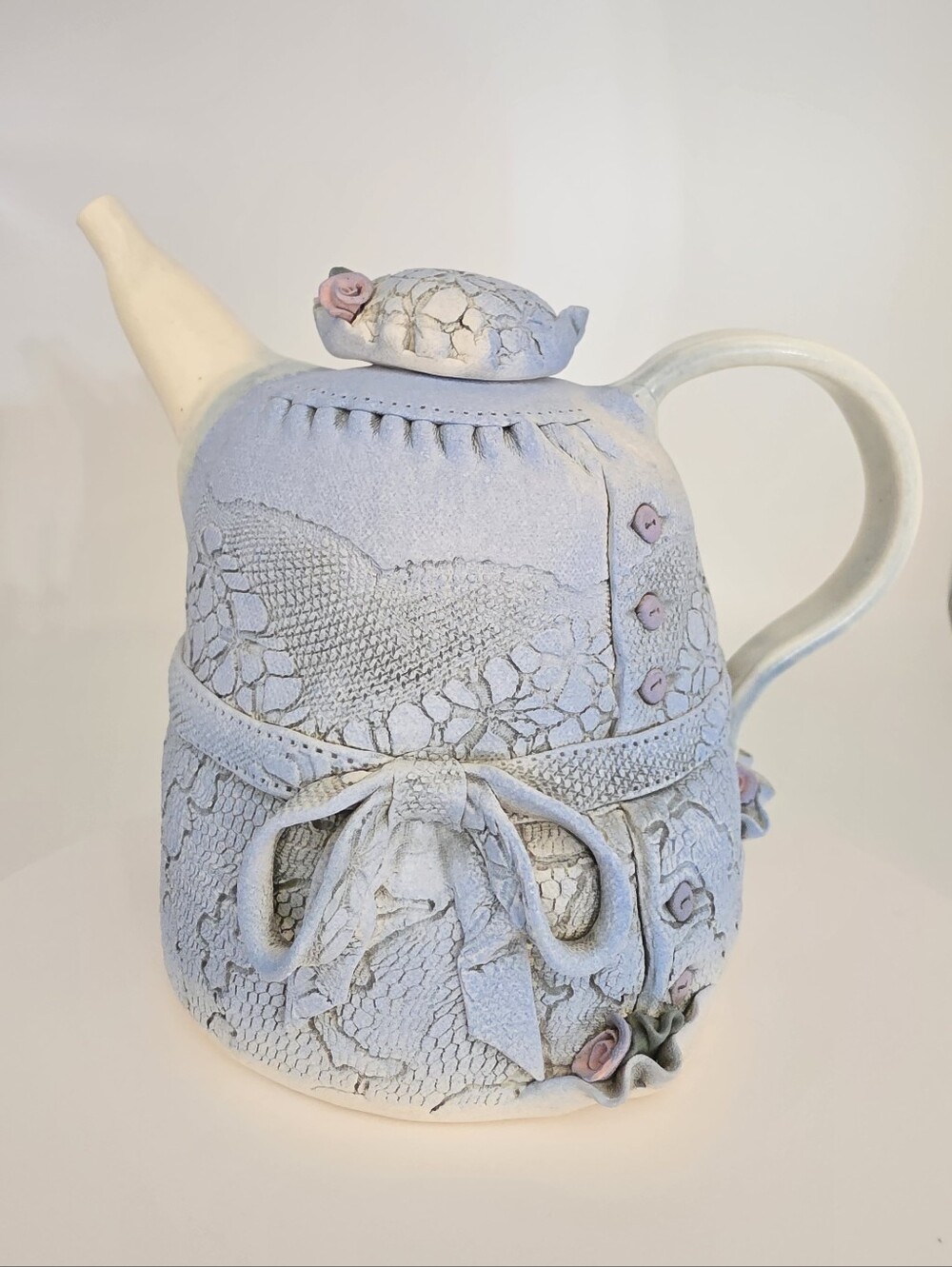 Laura Peery Vintage 1988 Art Pottery Lace Dress Teapot - Whimsical Ceramic Art